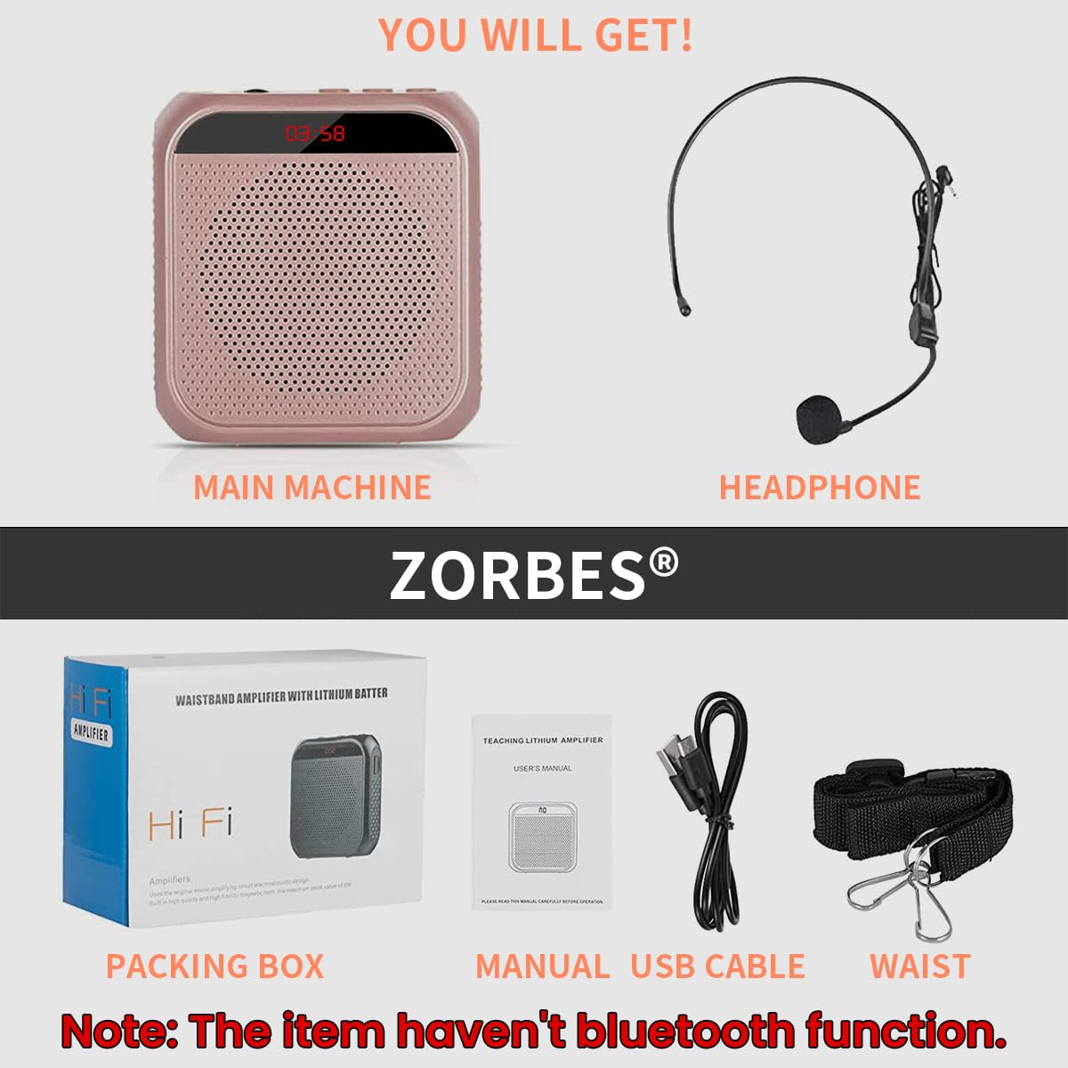 ZORBES Voice Amplifier Microphone Headset Set 1800 mAh, USB Rechargeable Support TF Card/Flash Drive, with Strap Belt, Portable Voice Amplifier for Teachers, Classroom, Meetings, Yoga, Tour Guides ZORBES Voice Amplifier Microphone Headset Set 1800 mAh, USB Rechargeable Support TF Card/Flash Drive, with Strap Belt, Portable Voice Amplifier for Teachers, Classroom, Meetings, Yoga, Tour Guides